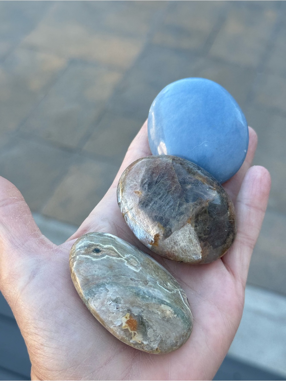Crystal Palm Stones - Angelite black moonstone and ocean jasper crystals